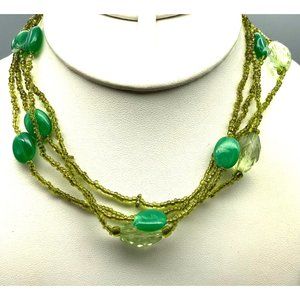 Long Vintage Seed Bead Necklace in Shades of Green with Lucite Bead Stations
